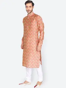 NAMASKAR Men Red & Orange Cotton Blend Self Design Kurta