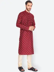 NAMASKAR Men Maroon & Beige Cotton Blend Printed Kurta