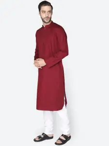 NAMASKAR Men Maroon Cotton Linen Solid Kurta
