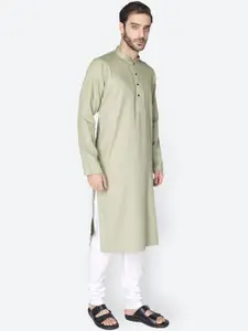 NAMASKAR Men Sea Green Cotton Linen Solid Kurta