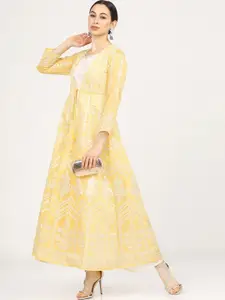 Vishudh Women Yellow & Off White Ethnic Motifs Printed A-Line Kurta with Jacket
