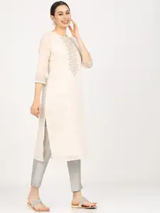 Vishudh Women Beige Yoke Design Thread Work Kurta