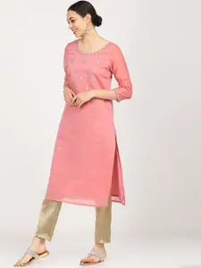 Vishudh Women Pink & Gold-Toned Floral Embroidered Kurta