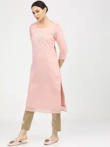 Vishudh Women Peach-Coloured Ethnic Motifs Embroidered Kurta