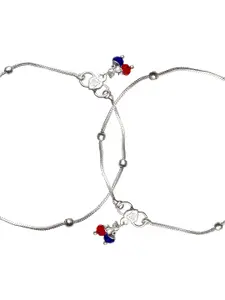 aadita Set of 2 Oxidised Silver-Plated Red & Blue Stone-Studded Handcrafted Anklets