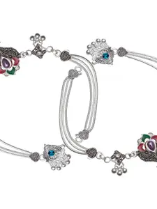 aadita Set Of 2 Oxidised Silver-Plated Blue Stone Studded Handcrafted Anklets
