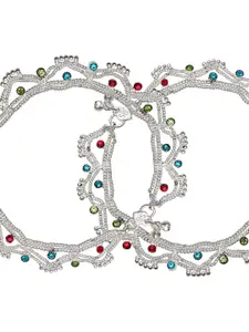 aadita Set Of 2 Oxidised Silver-Plated Blue & Green Stone-Studded Handcrafted Anklets