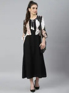 DEEBACO Black & White Floral Tie-Up Neck Midi Dress With Floral Shrug