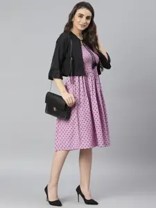DEEBACO Purple & Black Printed Fit & Flare Dress With Shrug