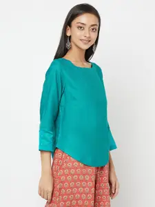 Fabindia Blue Striped Sequinned Detail Regular Top
