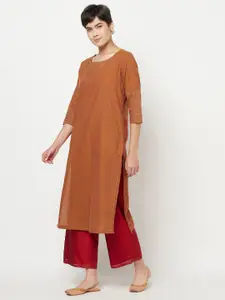 Fabindia Women Rust Orange Cotton Striped Straight Kurta with Hand Screen Print
