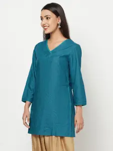 Fabindia Teal Blue V-Neck Straight Kurti