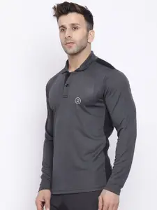 Chkokko Men Grey Polo Collar Applique Training or Gym T-shirt