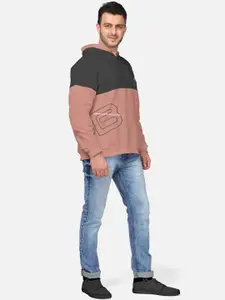 BULLMER Men Mauve & Charcoal Grey Colourblocked Hooded Sweatshirt