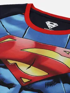 Kids Ville Boys Blue Superman Printed Drop-Shoulder Sleeves Pockets T-shirt