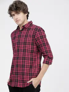 HIGHLANDER Men Navy Blue Slim Fit Tartan Checks Opaque Checked Casual Shirt