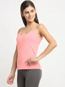 Friskers Women Coral Pink Solid Cotton Rib Camisole