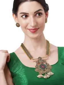 Binnis Wardrobe Gold-Toned & Green Kundan Studded German Silver Necklace Set