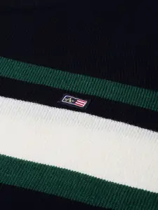 Arrow Men Green & Navy Blue Colourblocked Striped Acrylic Pullover
