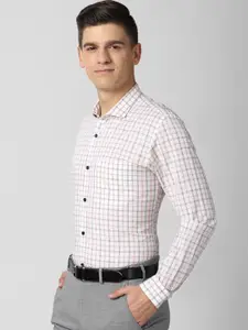 Peter England Men Cream-Coloured Slim Fit Grid Tattersall Checks Opaque Checked Formal Shirt