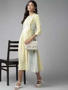 W Women White & Olive Green Ethnic Motifs Keyhole Neck A-Line Midi Dress