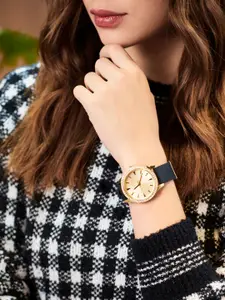 GUESS Women Gold-Toned Embellished Dial & Black Straps Analogue Watch GW0359L1