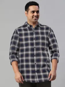 KETCH Men Navy Blue & Off-White Slim Fit Tartan Checked Casual Shirt