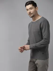 Blackberrys Men Charcoal Grey Cotton Self Design Pullover Sweater