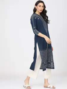 Vishudh Women Navy Blue & White Ethnic Motifs Printed Kurta