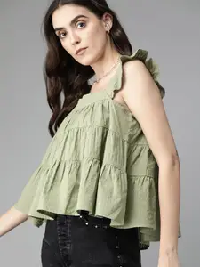 The Roadster Lifestyle Co Women Olive Green Solid Pure Cotton Seersucker Tiered A-Line Top