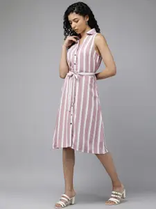 The Roadster Lifestyle Co. Sleeveless Striped Shirt Style Dress With Fabric Belt