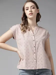 Roadster Women Dusty Pink Self Design Pure Cotton Casual Shirt