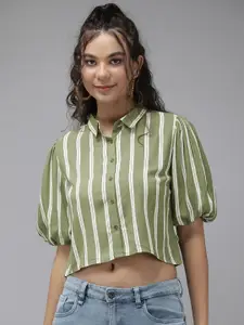 The Roadster Lifestyle Co Women Olive Green And White Striped Crop Casual Shirt