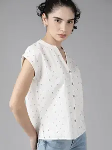 Roadster Women White Self Design Pure Cotton Casual Shirt
