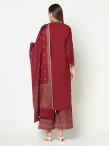 Safaa Maroon & Gold-Toned Woven Design Acro Wool Unstitched Dress Material