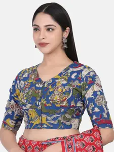 THE WEAVE TRAVELLER Women Blue & Yellow Kalamkari Block Printed Cotton Saree Blouse