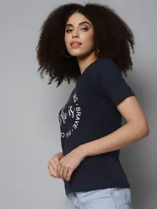 SASSAFRAS Women Navy Blue Typography Printed T-shirt