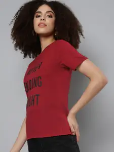 SASSAFRAS Women Red Typography Printed T-shirt