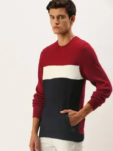 Flying Machine Men Red & Navy Blue Colourblocked Pullover Sweater