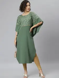 Janasya Geometric Yoke Design Flared Sleeves Thread Work Crepe Kaftan Kurta