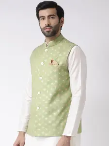 KISAH Men Green & Beige Printed Woven Pure Cotton Nehru Jacket