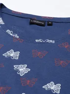 Kryptic Navy Blue & White Graphic Printed Pure Cotton Nightdress