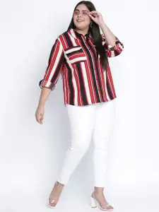 Oxolloxo Women Plus Size  Red & White Classic Semi Sheer Striped Casual Shirt