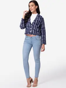 DEEBACO Women Blue & White Printed Pure Cotton Comfort-Fit Blazer