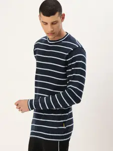 FOREVER 21 Men Navy Blue & White Striped Indigo Dye Longline Pullover Sweater