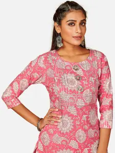 Vbuyz Women Pink & Grey Ethnic Motifs Printed Gotta Patti Kurta