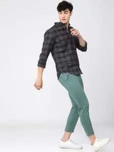 KETCH Men Navy Blue & Brown Slim Fit Tartan Checked Casual Shirt