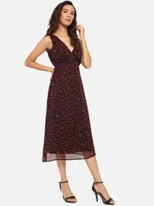 Trend Arrest Black & Red Animal Chiffon A-Line Midi Dress