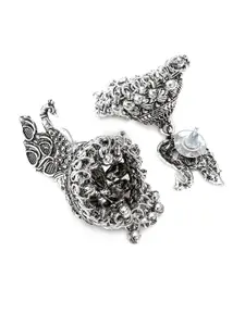 aadita Silver-Toned Peacock Shaped Jhumkas Earrings