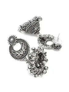 aadita Silver-Toned Geometric Jhumkas Earrings